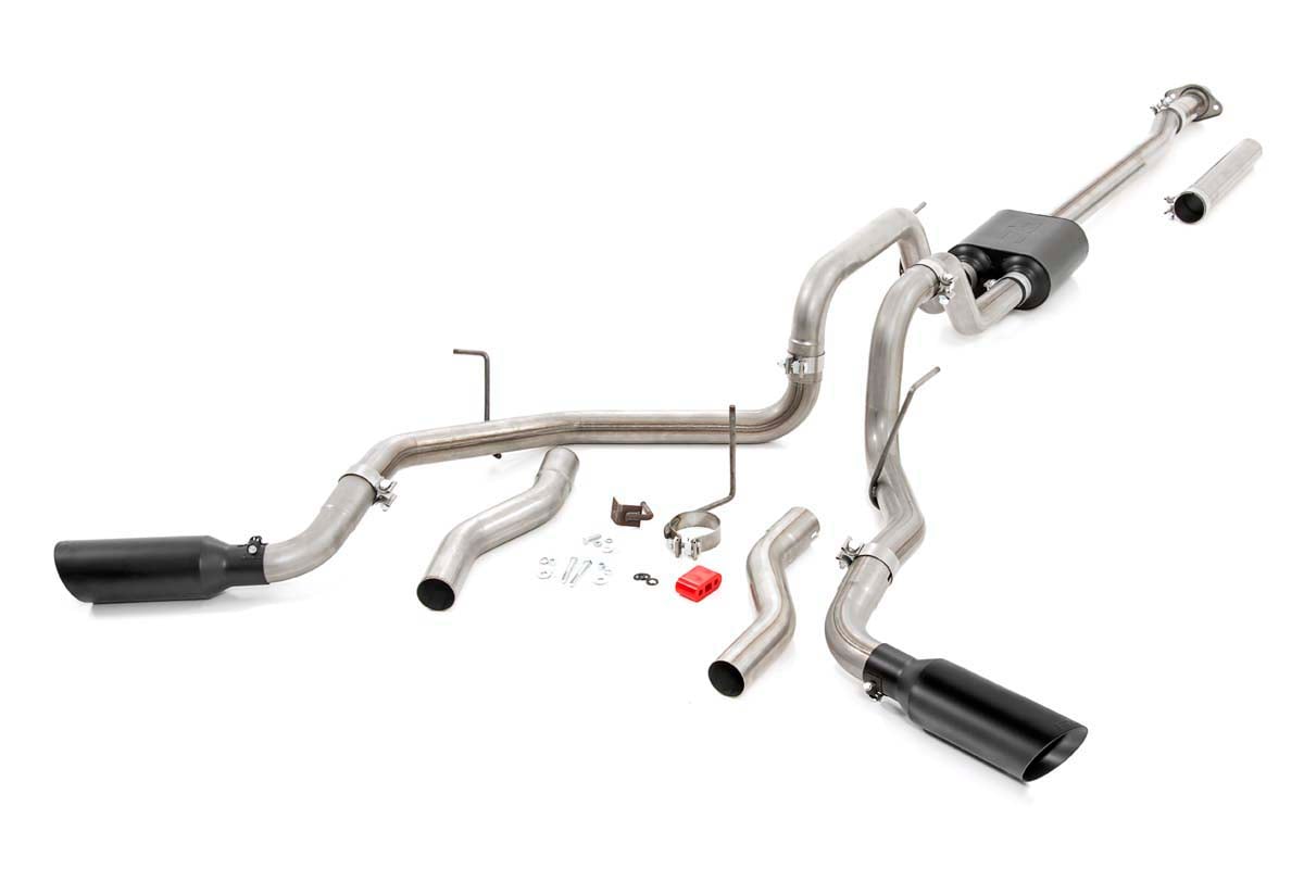 Ford F-150 Performance Exhaust - Rear + Side Exit - Rough Country - Dual Cat-Back, High-temp resistant, Dual-wall 304 stainless tips - Black - '09-'14